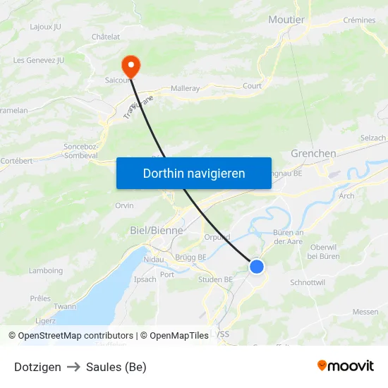 Dotzigen to Saules (Be) map