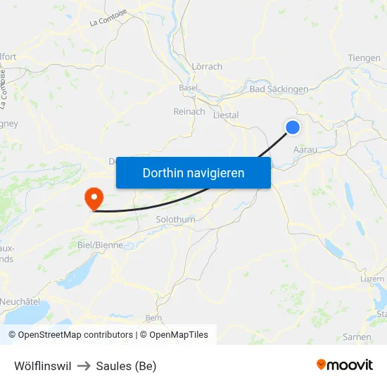 Wölflinswil to Saules (Be) map