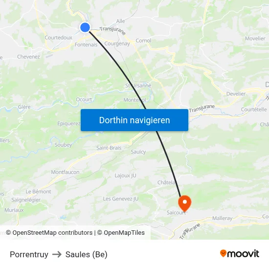 Porrentruy to Saules (Be) map
