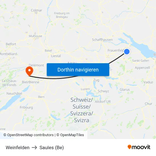 Weinfelden to Saules (Be) map