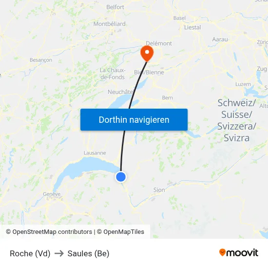 Roche (Vd) to Saules (Be) map