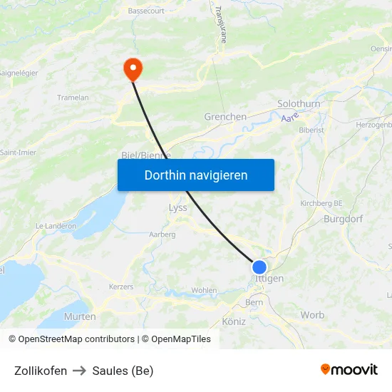 Zollikofen to Saules (Be) map