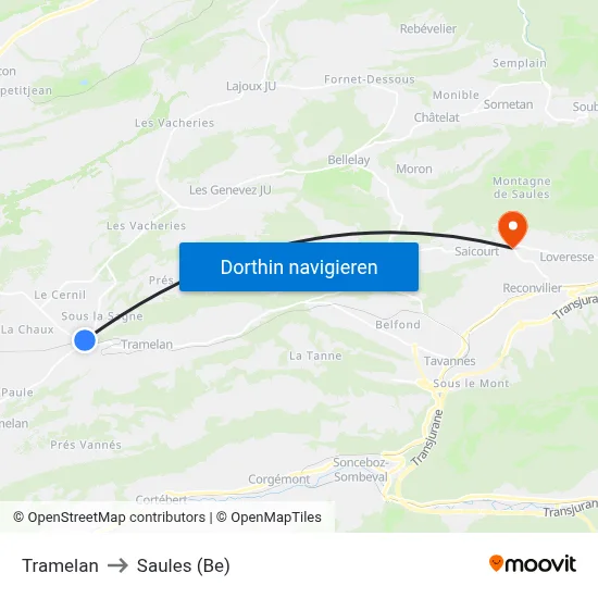 Tramelan to Saules (Be) map