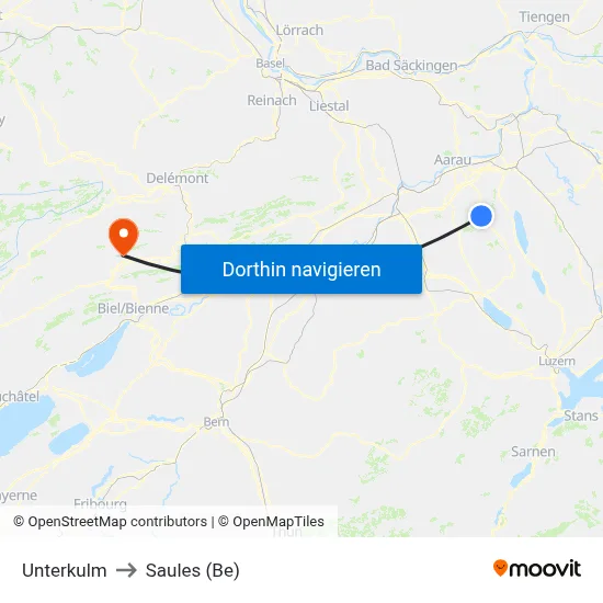 Unterkulm to Saules (Be) map