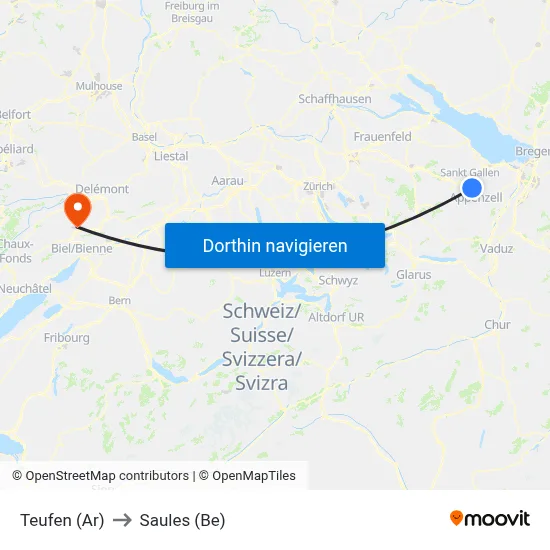 Teufen (Ar) to Saules (Be) map