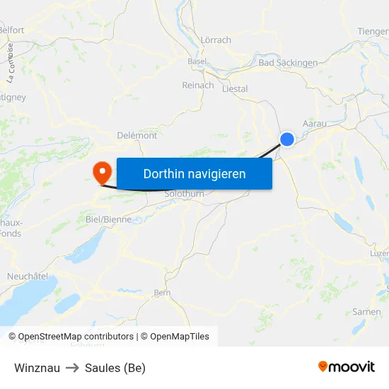 Winznau to Saules (Be) map