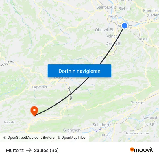 Muttenz to Saules (Be) map