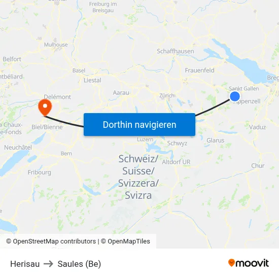 Herisau to Saules (Be) map