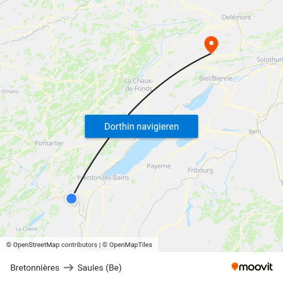 Bretonnières to Saules (Be) map