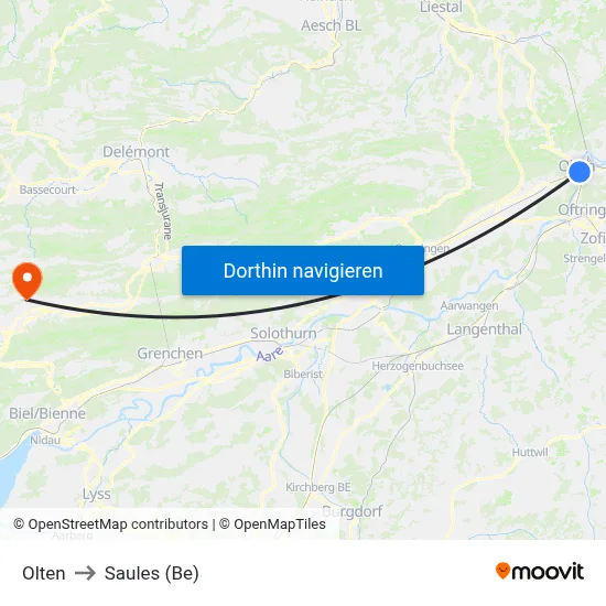 Olten to Saules (Be) map