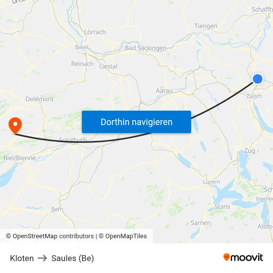 Kloten to Saules (Be) map
