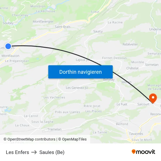 Les Enfers to Saules (Be) map
