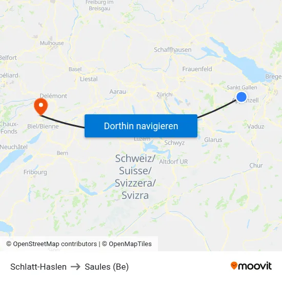 Schlatt-Haslen to Saules (Be) map