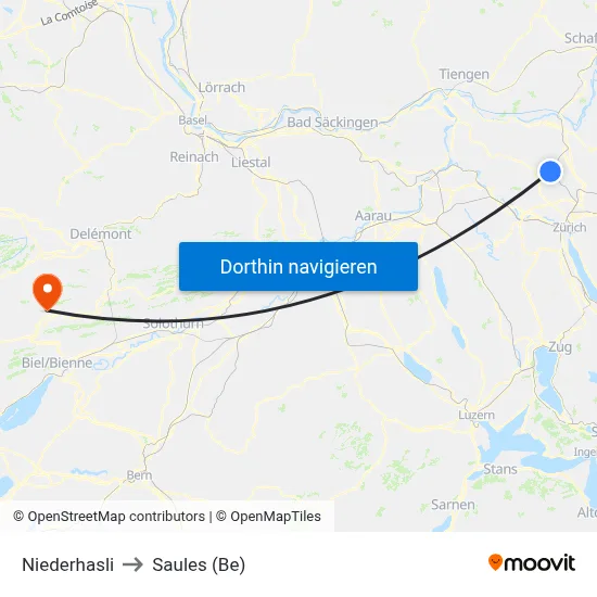 Niederhasli to Saules (Be) map