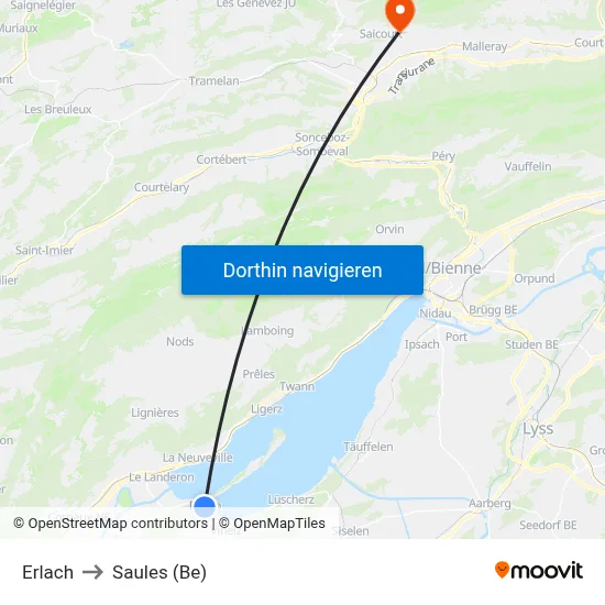 Erlach to Saules (Be) map