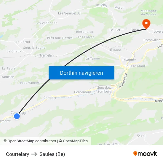 Courtelary to Saules (Be) map