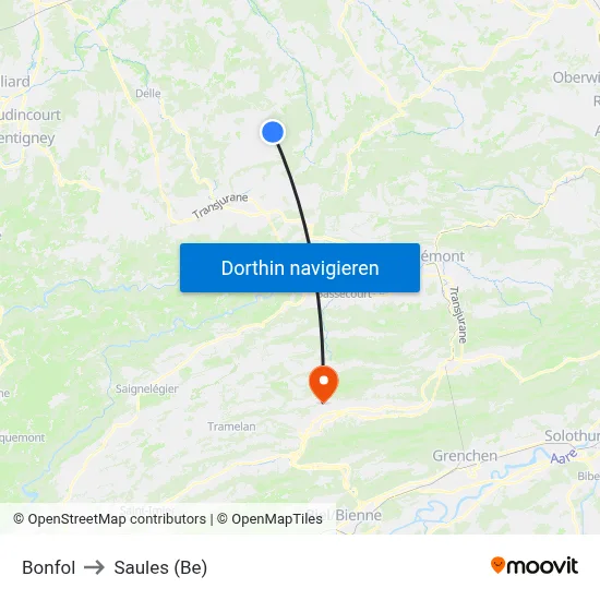 Bonfol to Saules (Be) map