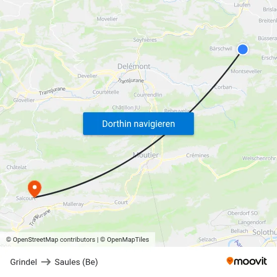 Grindel to Saules (Be) map