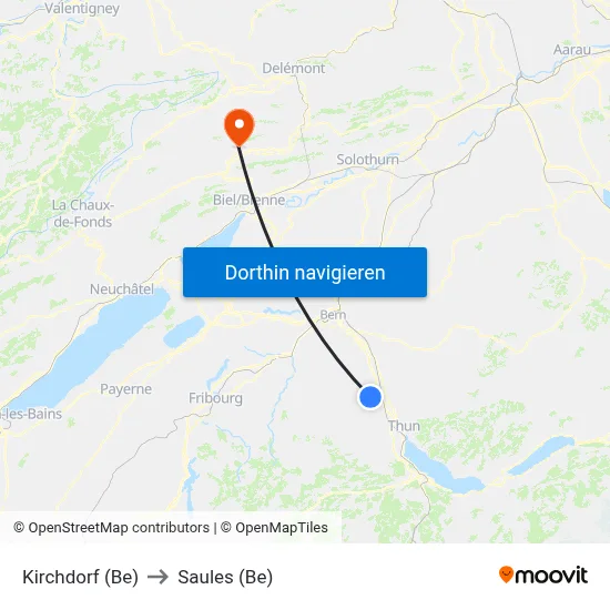 Kirchdorf (Be) to Saules (Be) map