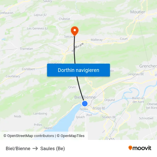 Biel/Bienne to Saules (Be) map