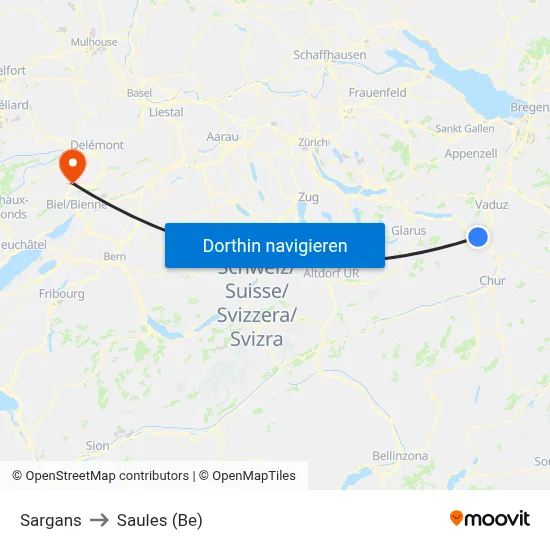 Sargans to Saules (Be) map
