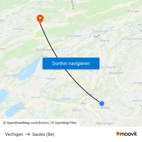 Vechigen to Saules (Be) map