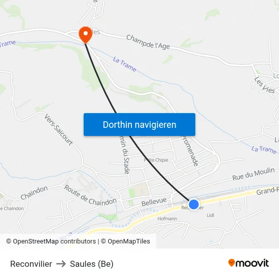 Reconvilier to Saules (Be) map