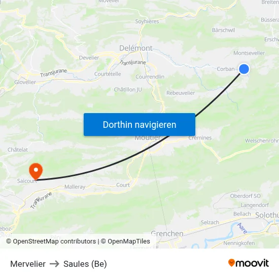 Mervelier to Saules (Be) map