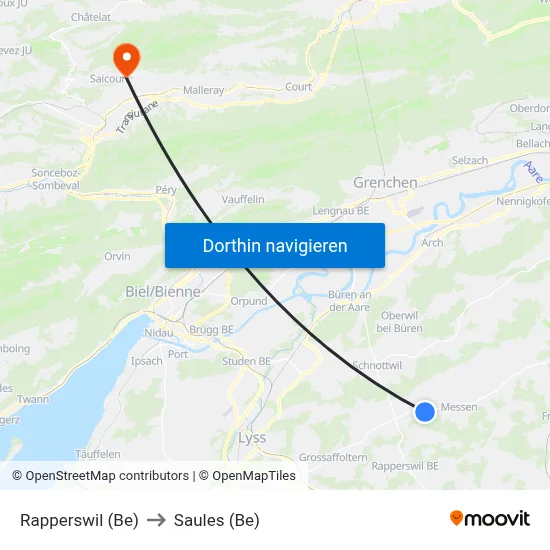 Rapperswil (Be) to Saules (Be) map