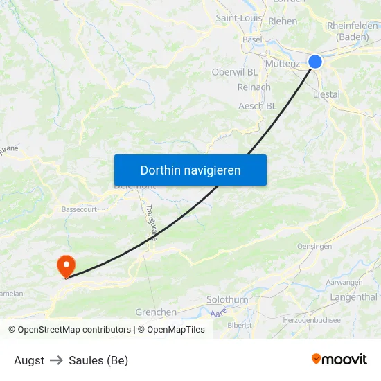 Augst to Saules (Be) map