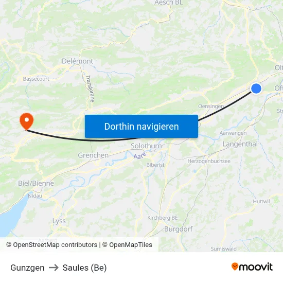 Gunzgen to Saules (Be) map