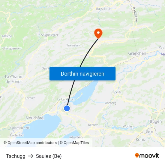 Tschugg to Saules (Be) map