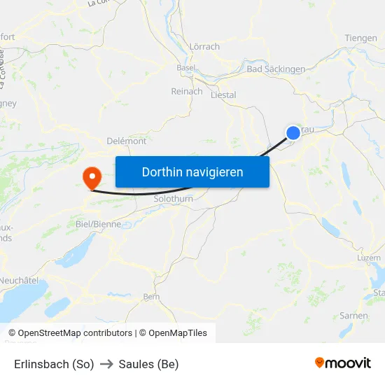 Erlinsbach (So) to Saules (Be) map