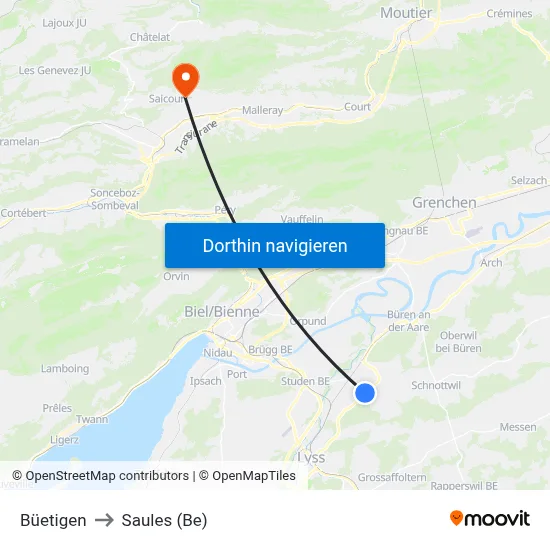 Büetigen to Saules (Be) map
