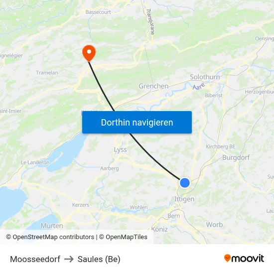 Moosseedorf to Saules (Be) map