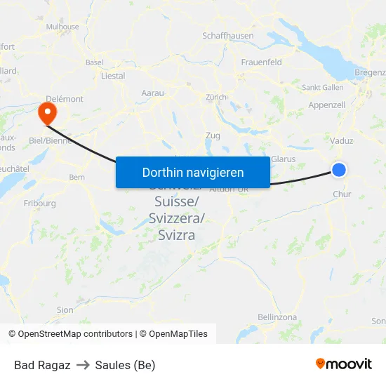 Bad Ragaz to Saules (Be) map