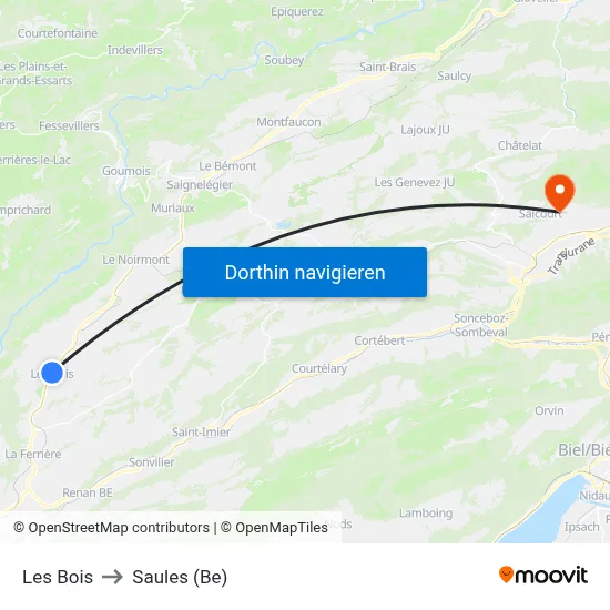 Les Bois to Saules (Be) map