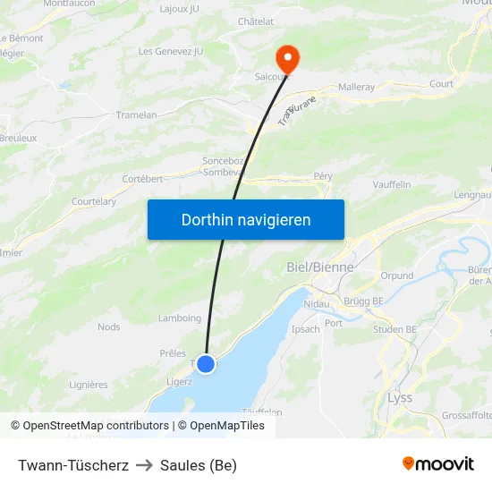 Twann-Tüscherz to Saules (Be) map