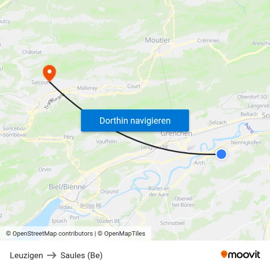 Leuzigen to Saules (Be) map