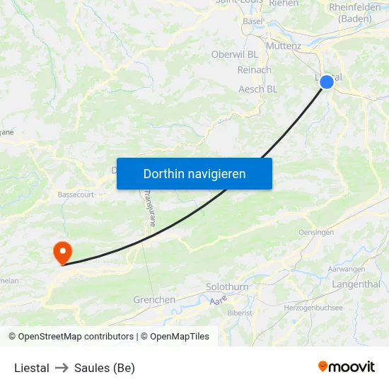 Liestal to Saules (Be) map