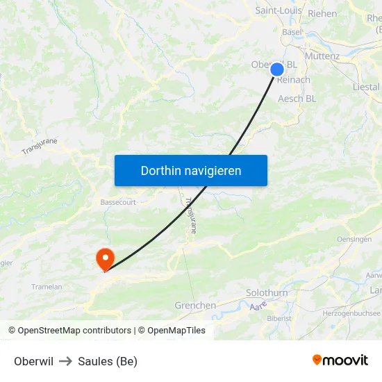 Oberwil to Saules (Be) map