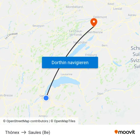 Thônex to Saules (Be) map