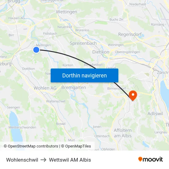 Wohlenschwil to Wettswil AM Albis map