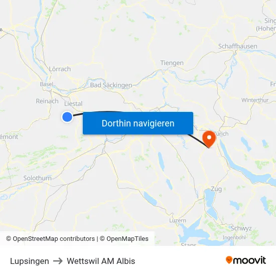 Lupsingen to Wettswil AM Albis map