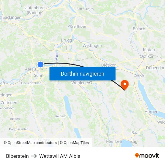 Biberstein to Wettswil AM Albis map