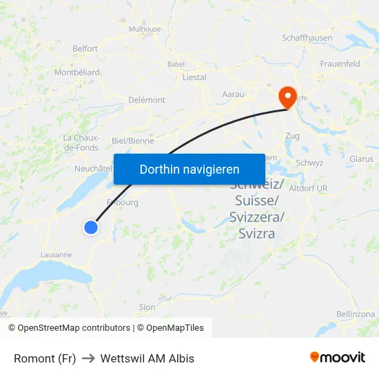 Romont (Fr) to Wettswil AM Albis map
