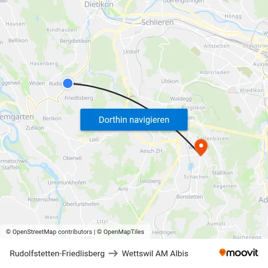 Rudolfstetten-Friedlisberg to Wettswil AM Albis map