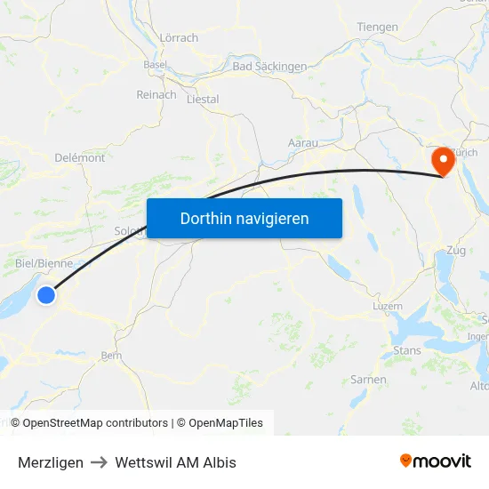 Merzligen to Wettswil AM Albis map