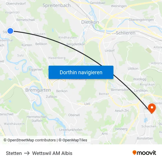 Stetten to Wettswil AM Albis map