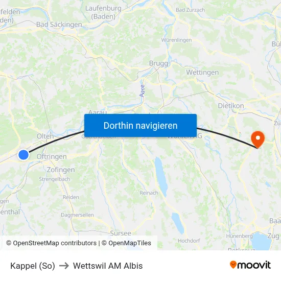 Kappel (So) to Wettswil AM Albis map
